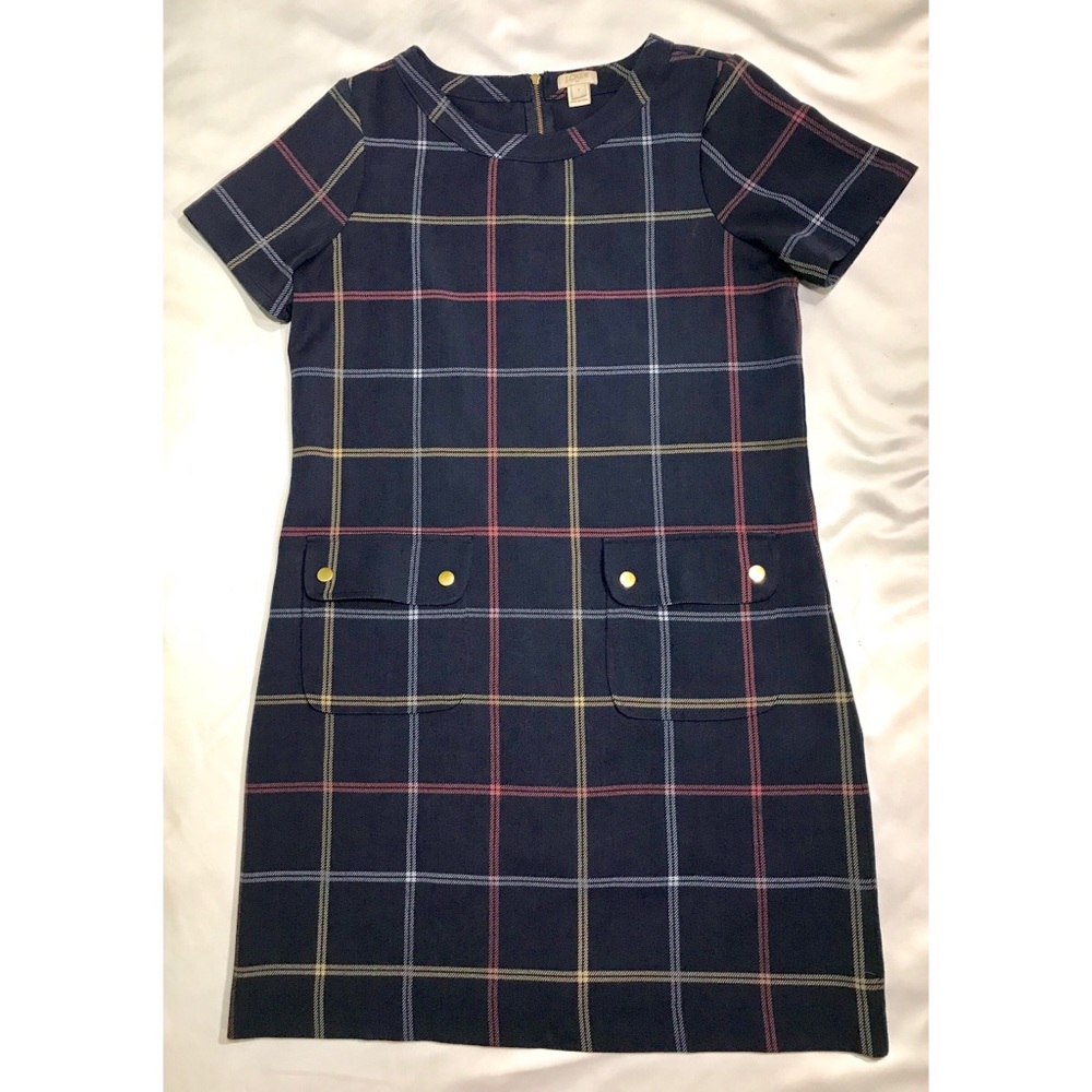 J. Crew Factory Shift Dress 4 Navy Blue Plaid